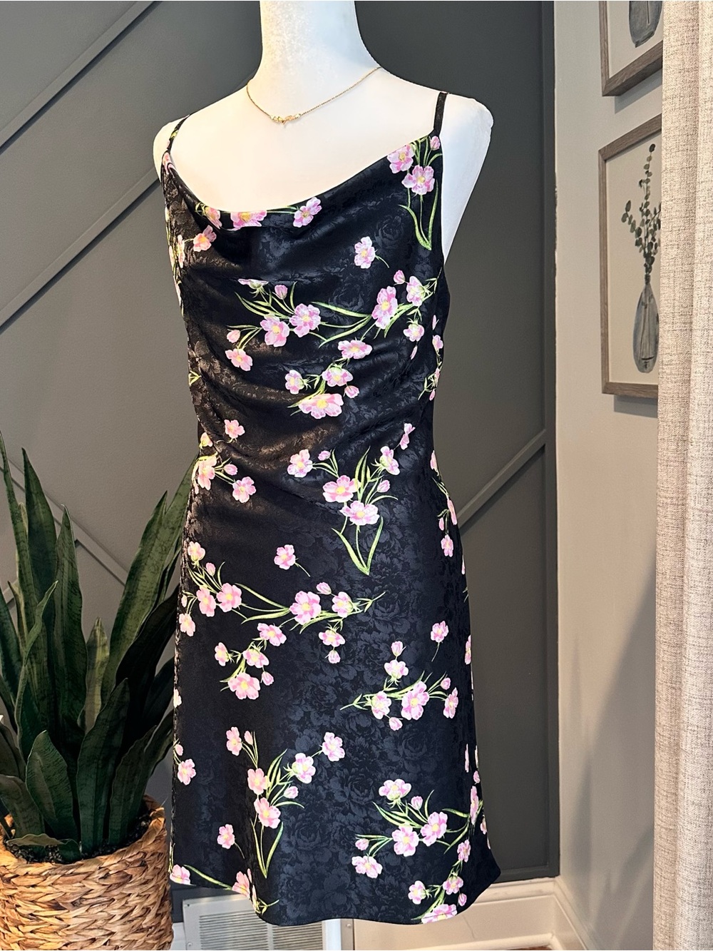 Topshop fairygrundge Black slip Mini Dress with Pink Floral Print and cowl neck
